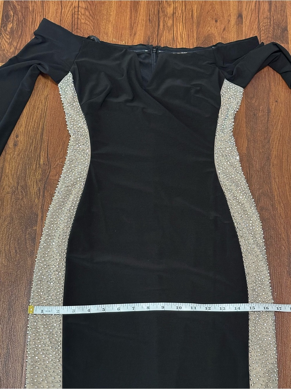 Xscape Black Off-Shoulder Long Sleeve Gown Crystal Embellishment Side Panels - Picture 13 of 16